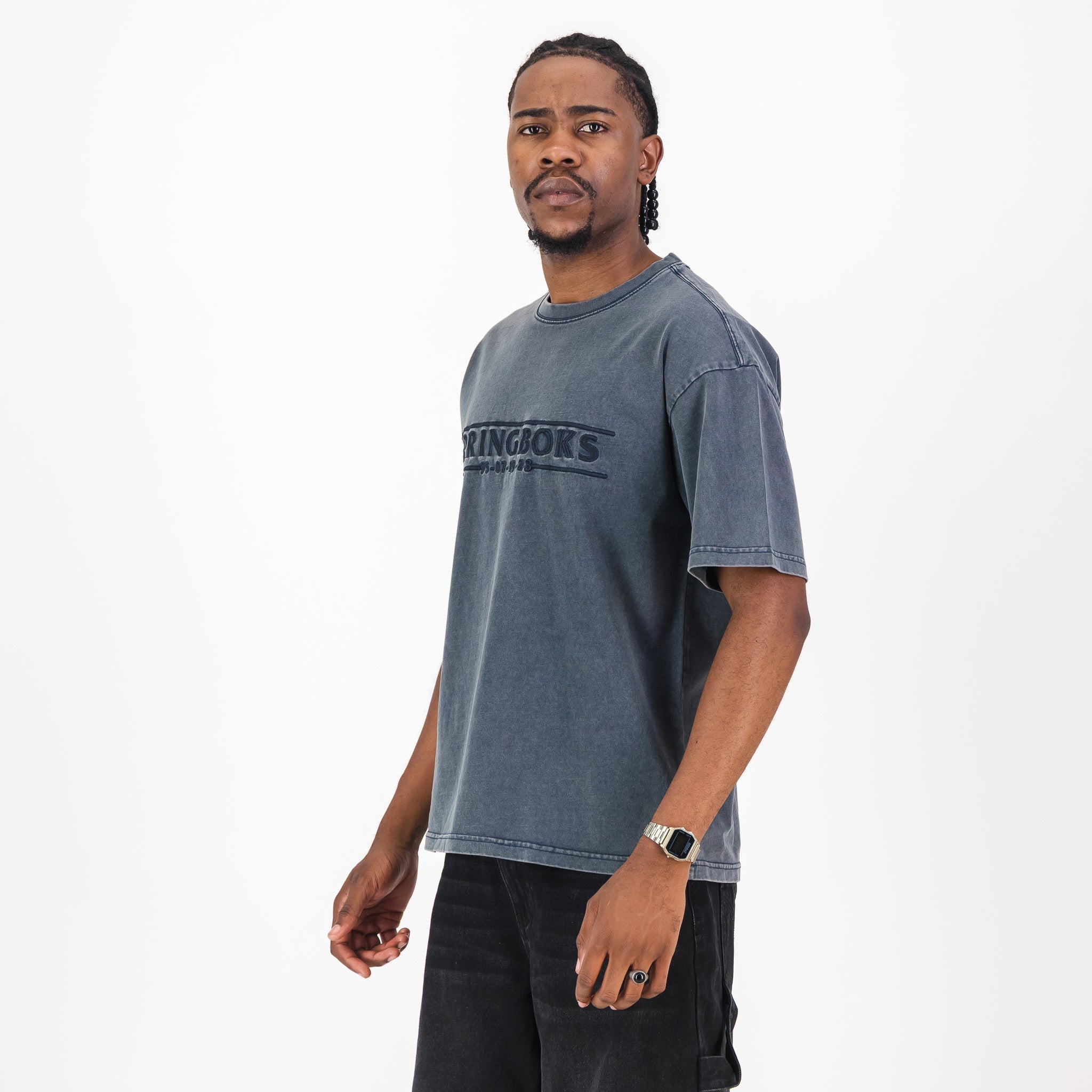 Springboks Four Wins Acid Wash Boxy Crew Tee - Skyway - Old School