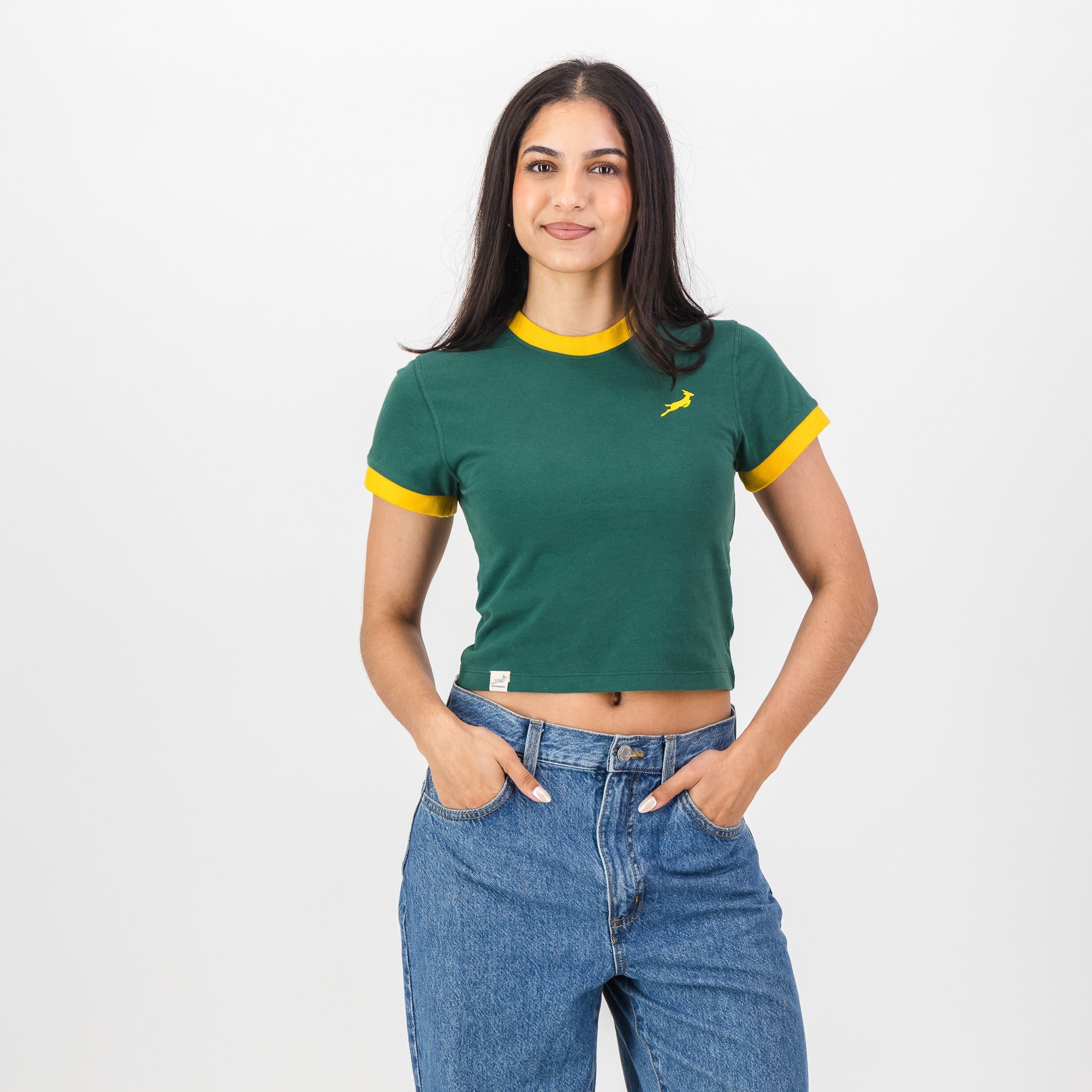 Springboks Ringer Crop Crew Tee - OS Green - Old School