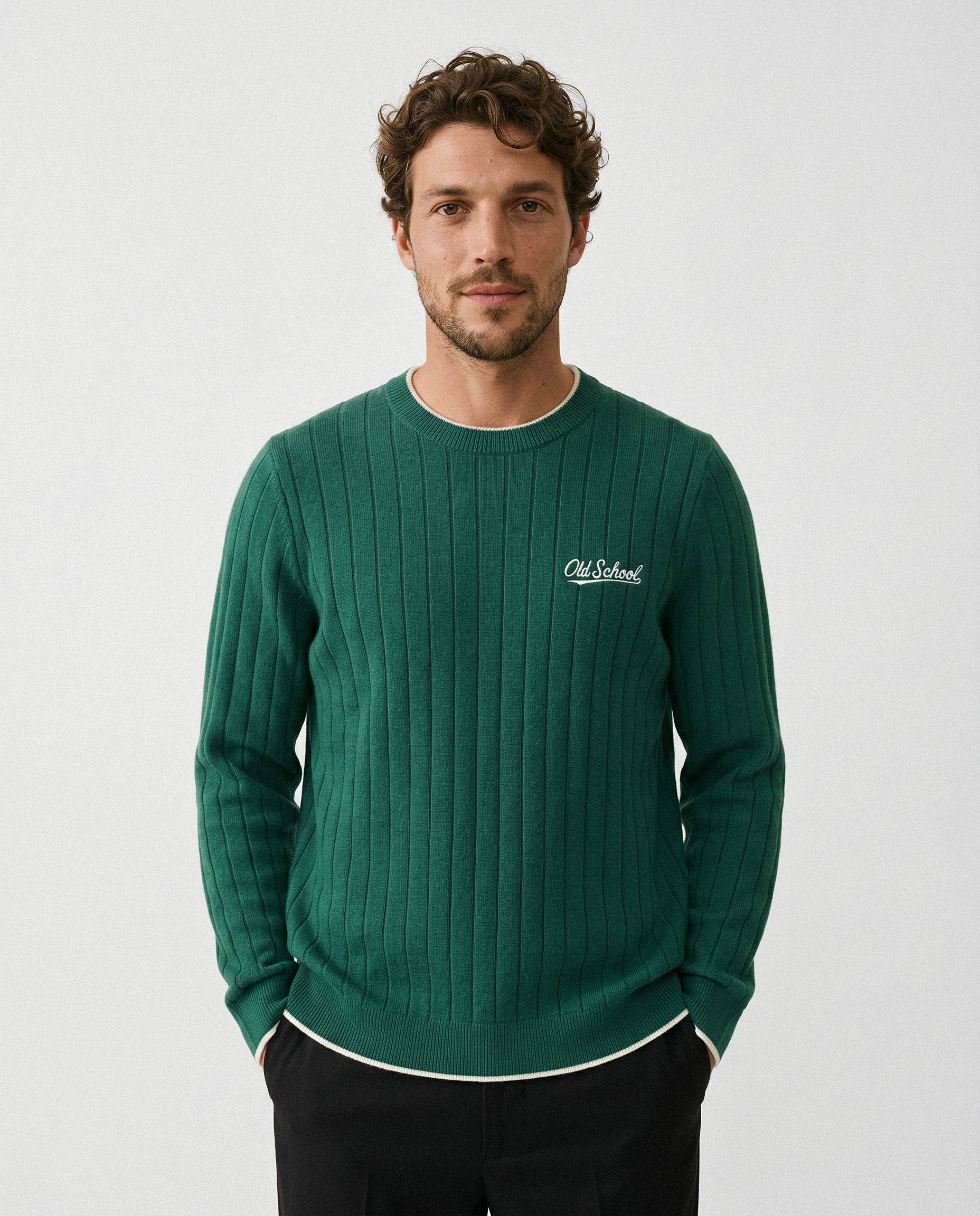 Old School Leisure Men Ribbed LS Crew Knit Green