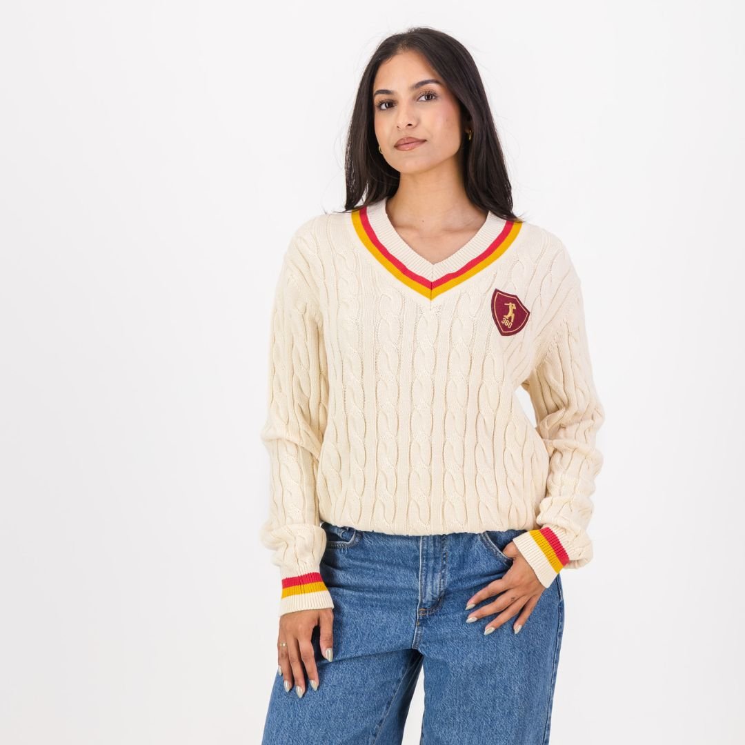 AB de Villiers 360 Small Logo V - neck Knitwear Cable Ivory - Old School
