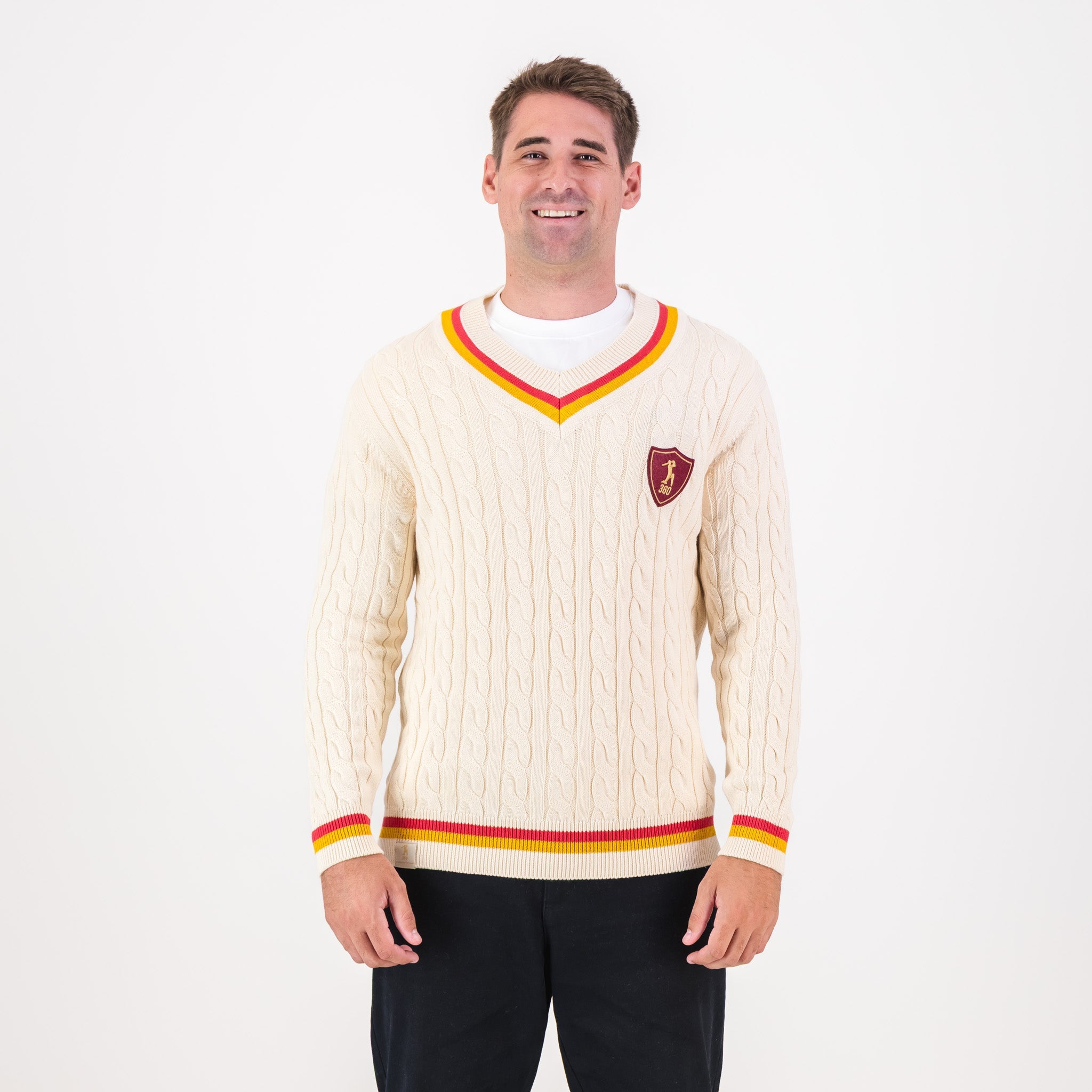 AB de Villiers 360 Small Logo V - neck Knitwear Cable Ivory - Old School