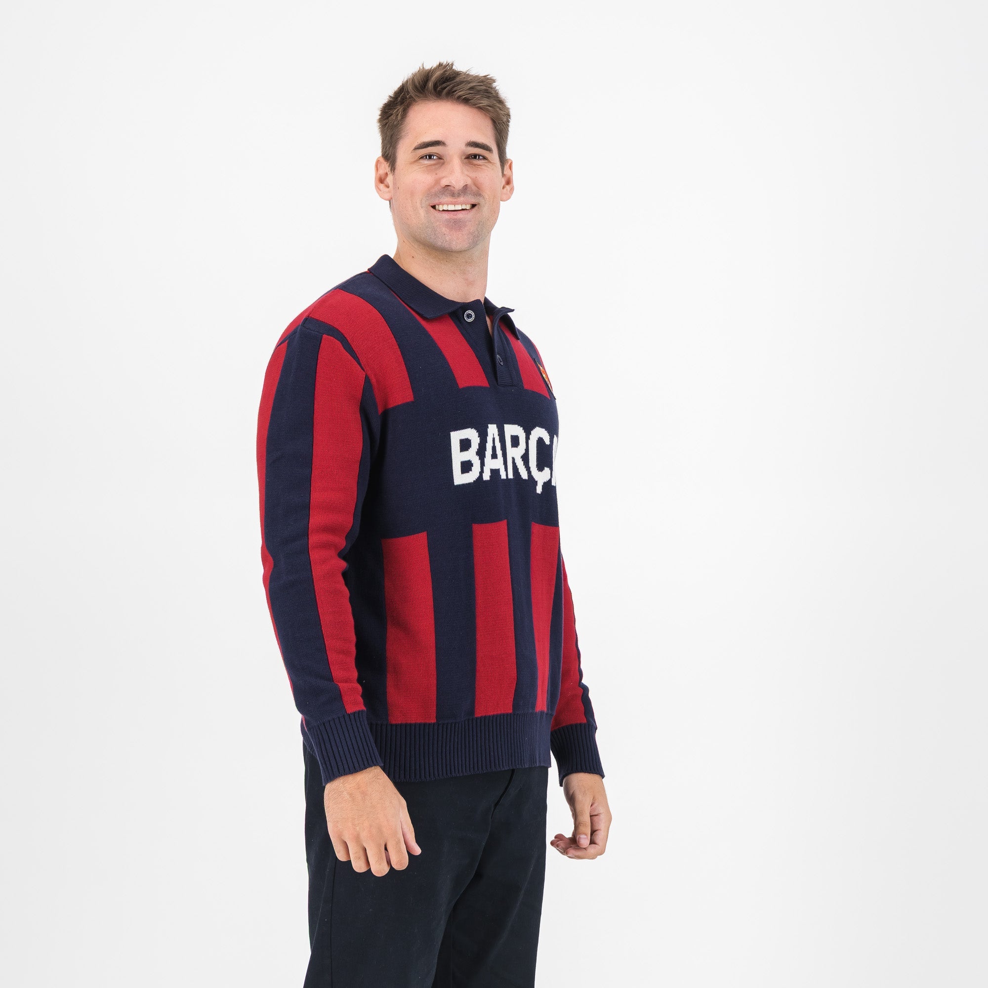 Barcelona FC Stripe 2 Button Polo Knitwear Long Sleeve Yarn Dye Navy - Old School