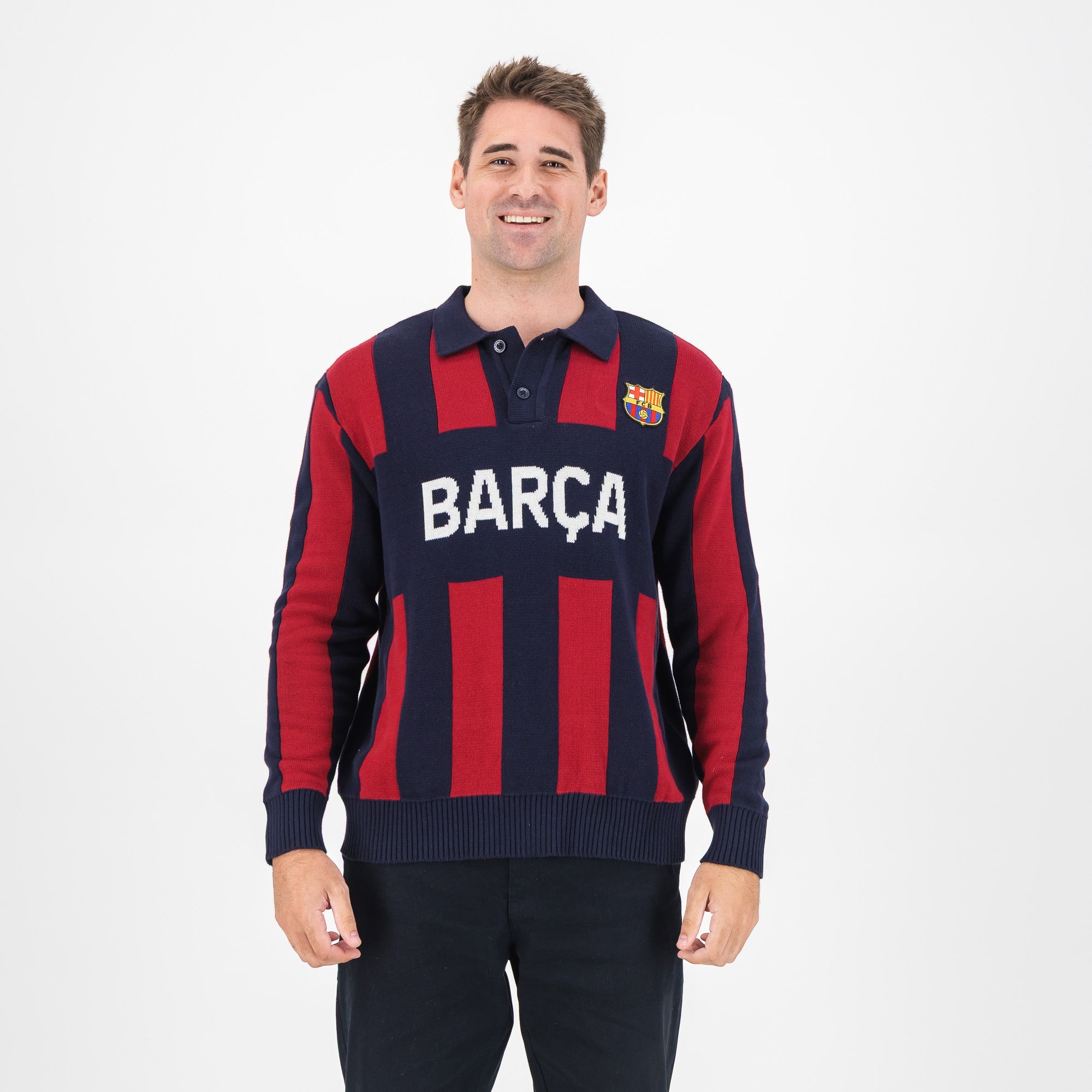 Barcelona FC Stripe 2 Button Polo Knitwear Long Sleeve Yarn Dye Navy - Old School
