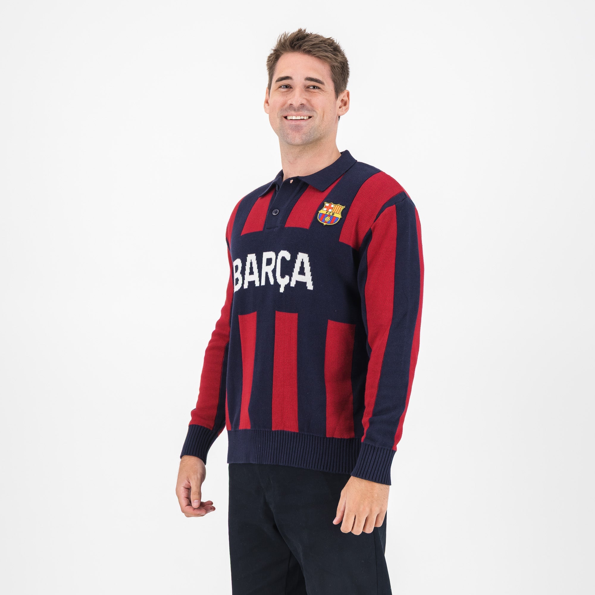 Barcelona FC Stripe 2 Button Polo Knitwear Long Sleeve Yarn Dye Navy - Old School