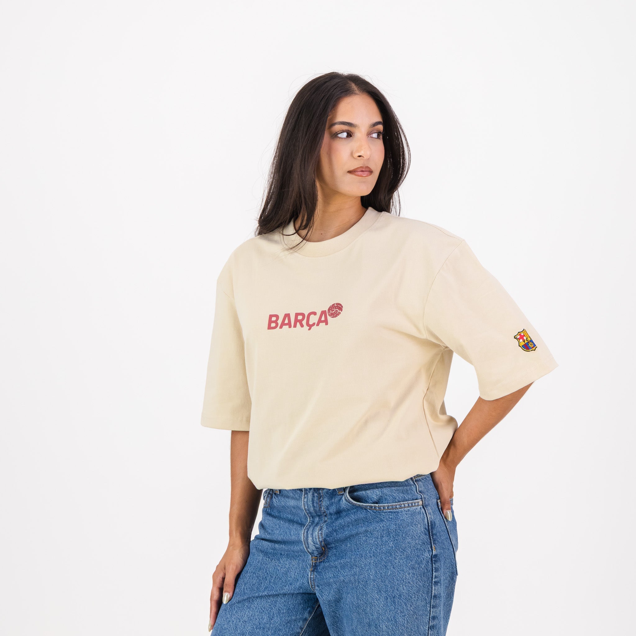 Barcelona FC Word Soccer Ball Barca Boxy Tee - Ivory - Old School