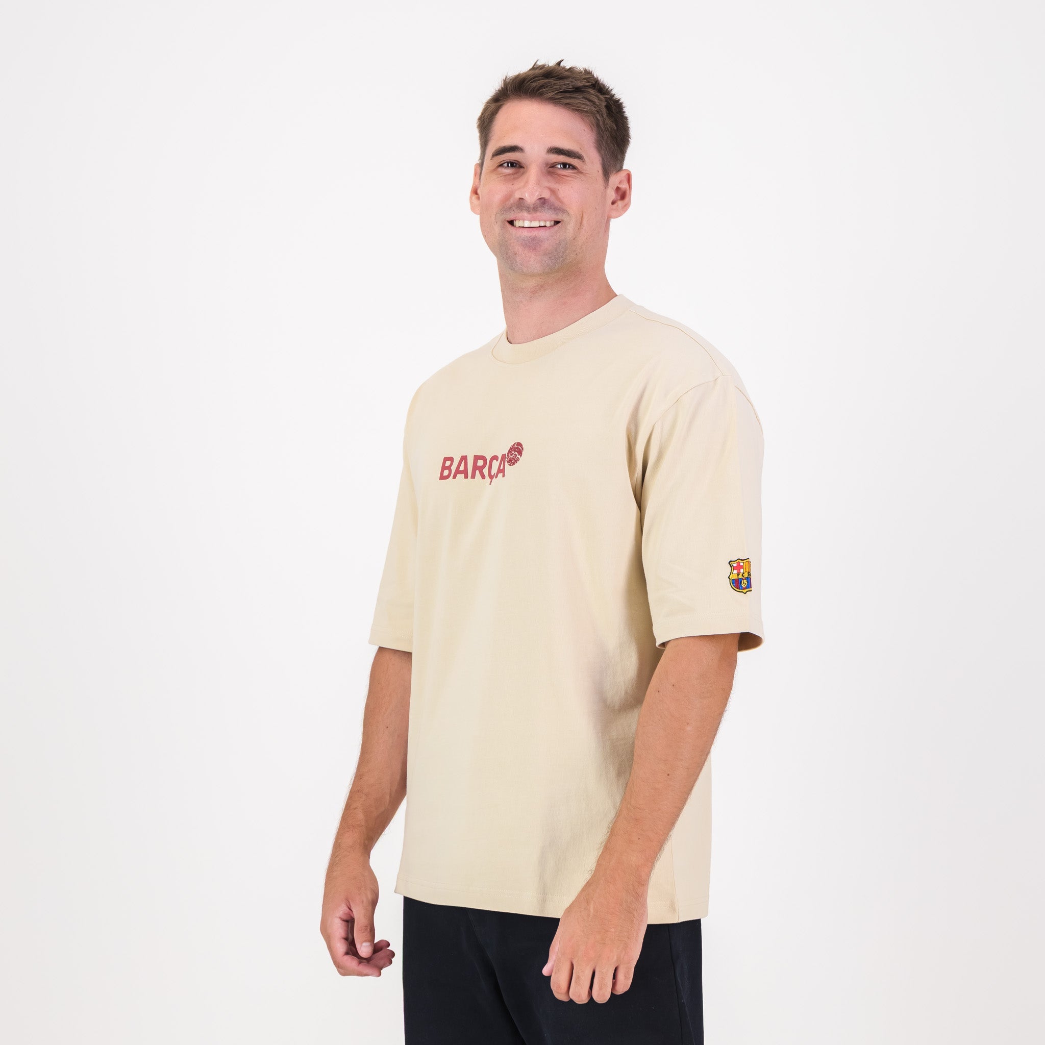 Barcelona FC Word Soccer Ball Barca Boxy Tee - Ivory - Old School