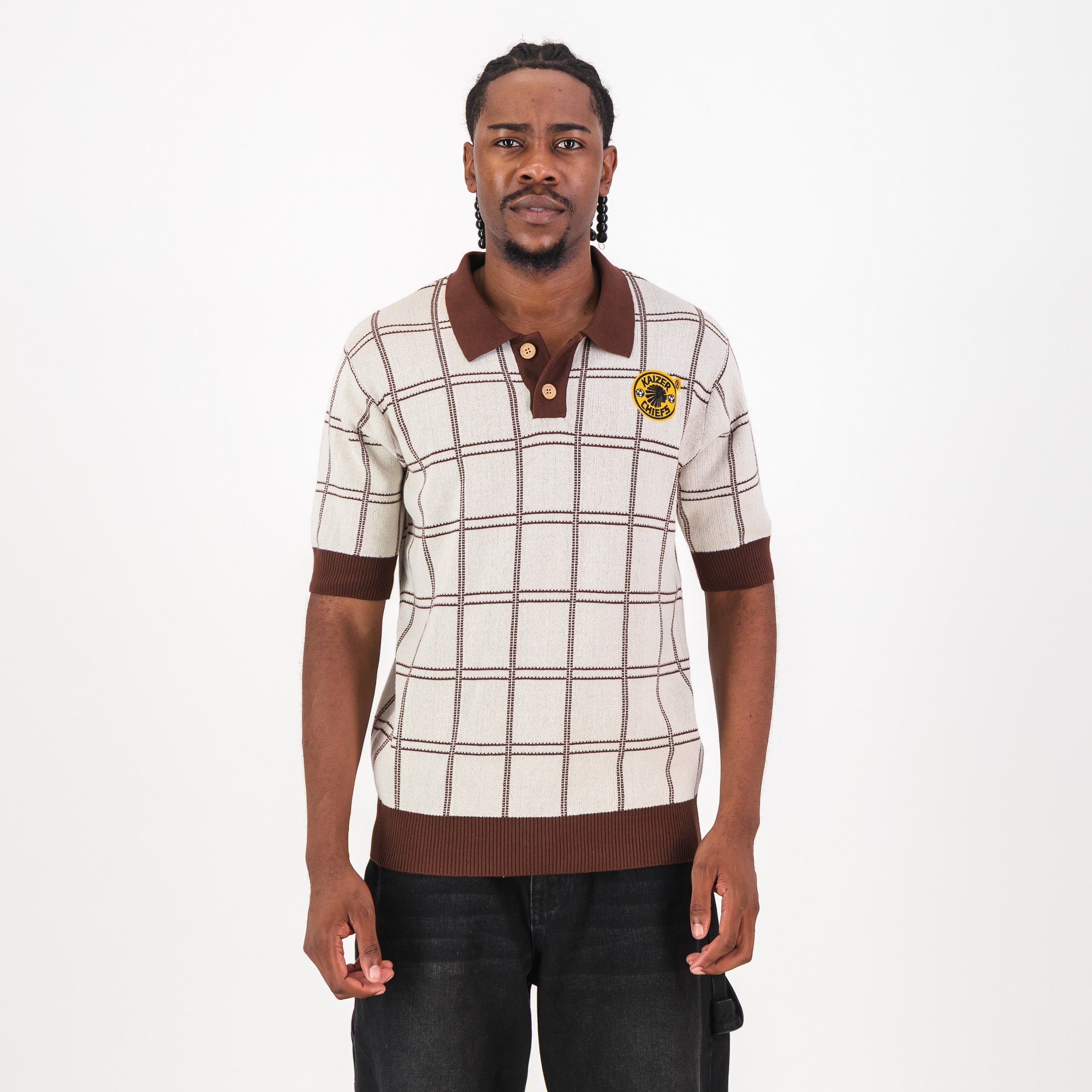 Kaizer Chiefs SS Check Knitted Jersey - Ivory - Old School