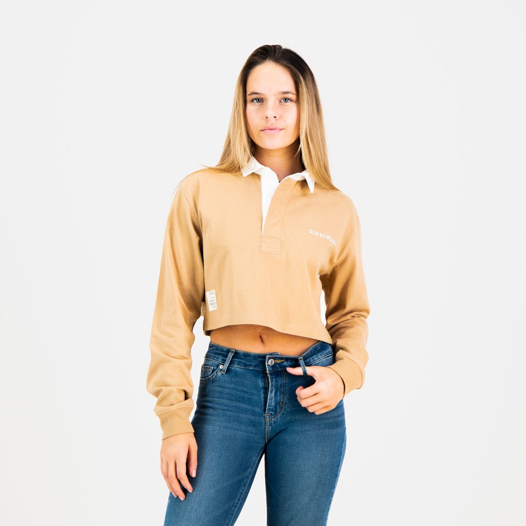 Ladies Cropped Long Sleeve Rugby Jersey - Tan - Old School