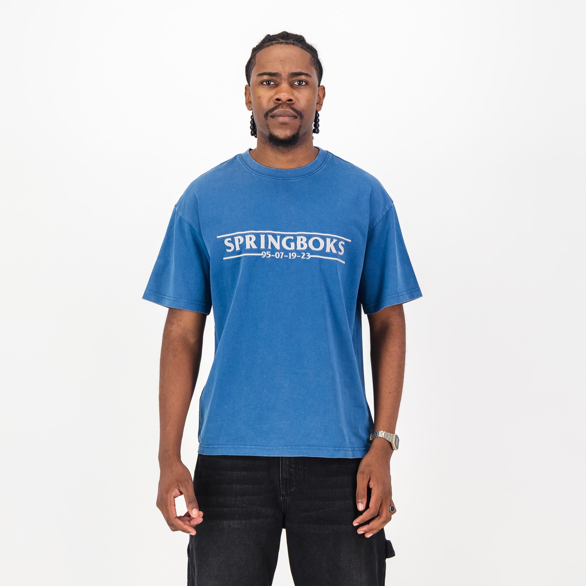 Springboks Four Wins Acid Wash Boxy Crew Tee - Navy - Old School