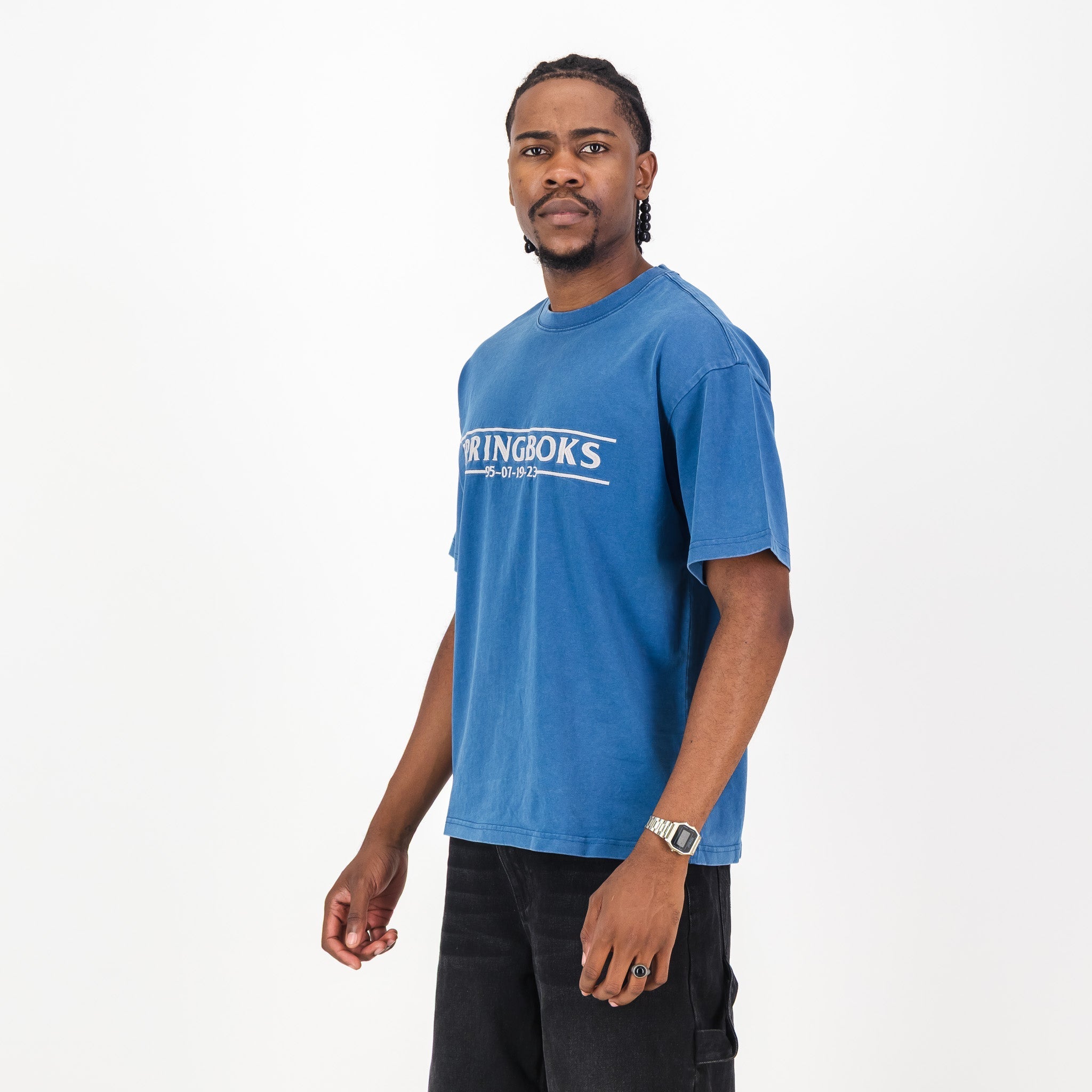 Springboks Four Wins Acid Wash Boxy Crew Tee - Navy - Old School