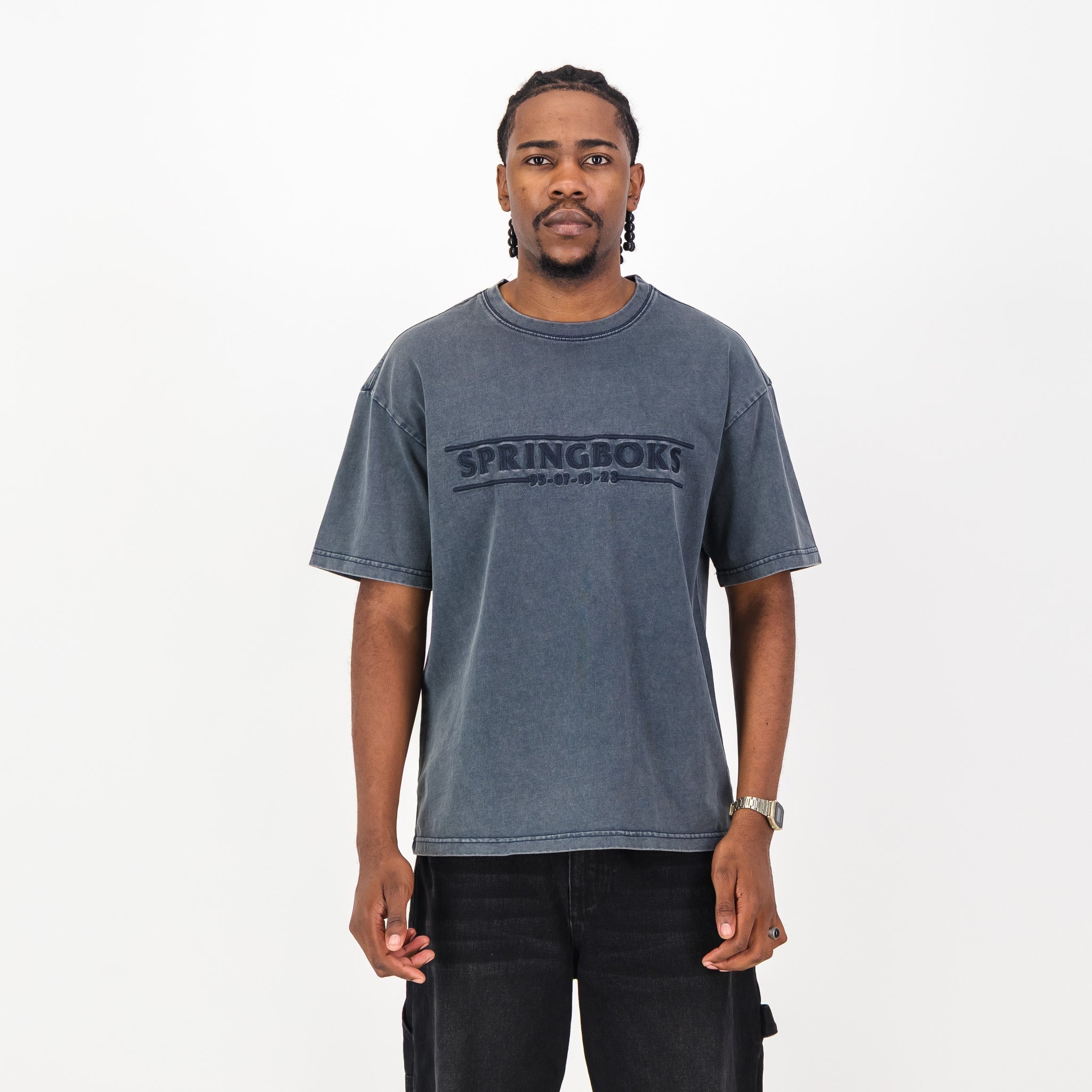 Springboks Four Wins Acid Wash Boxy Crew Tee - Skyway - Old School