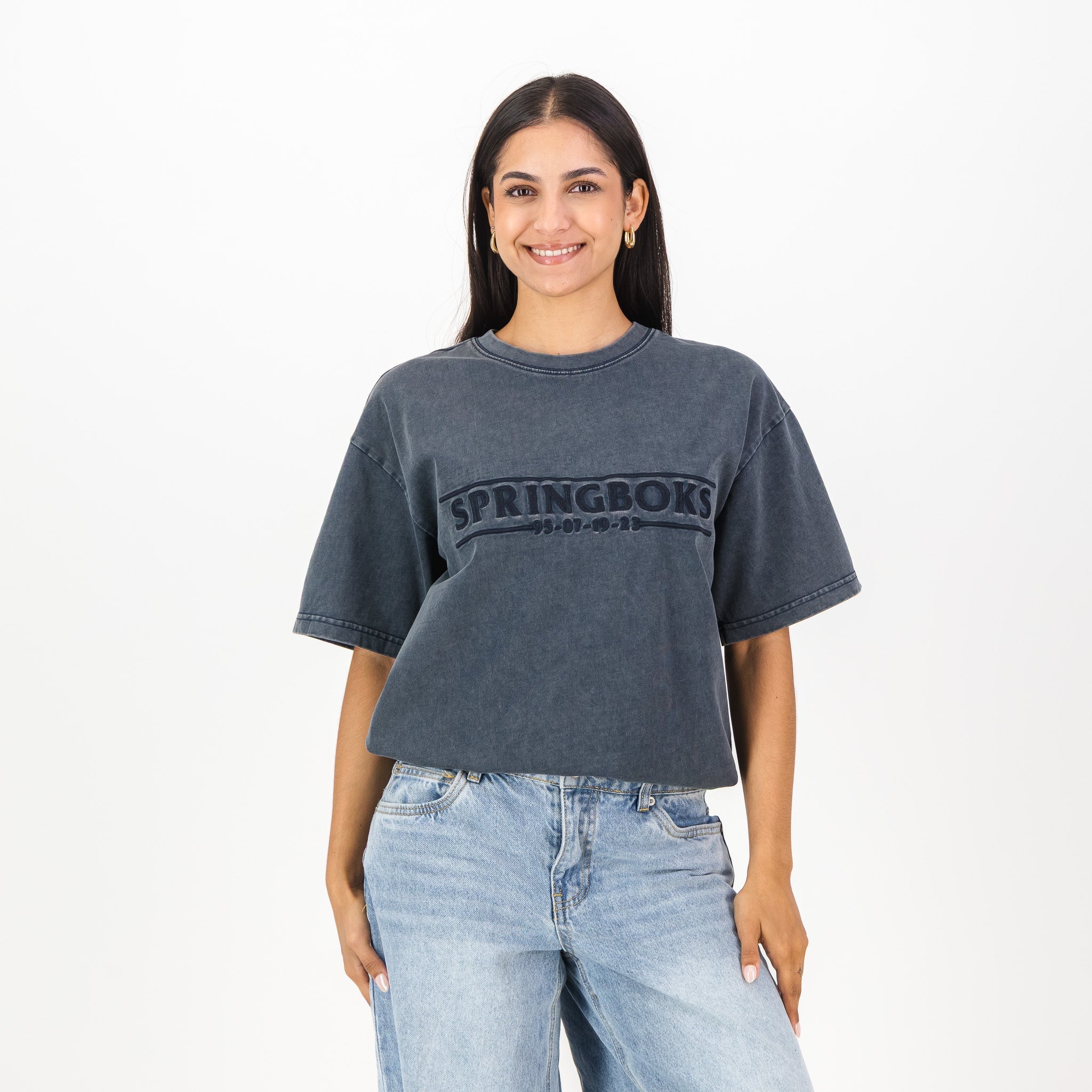 Springboks Four Wins Acid Wash Boxy Crew Tee - Skyway - Old School