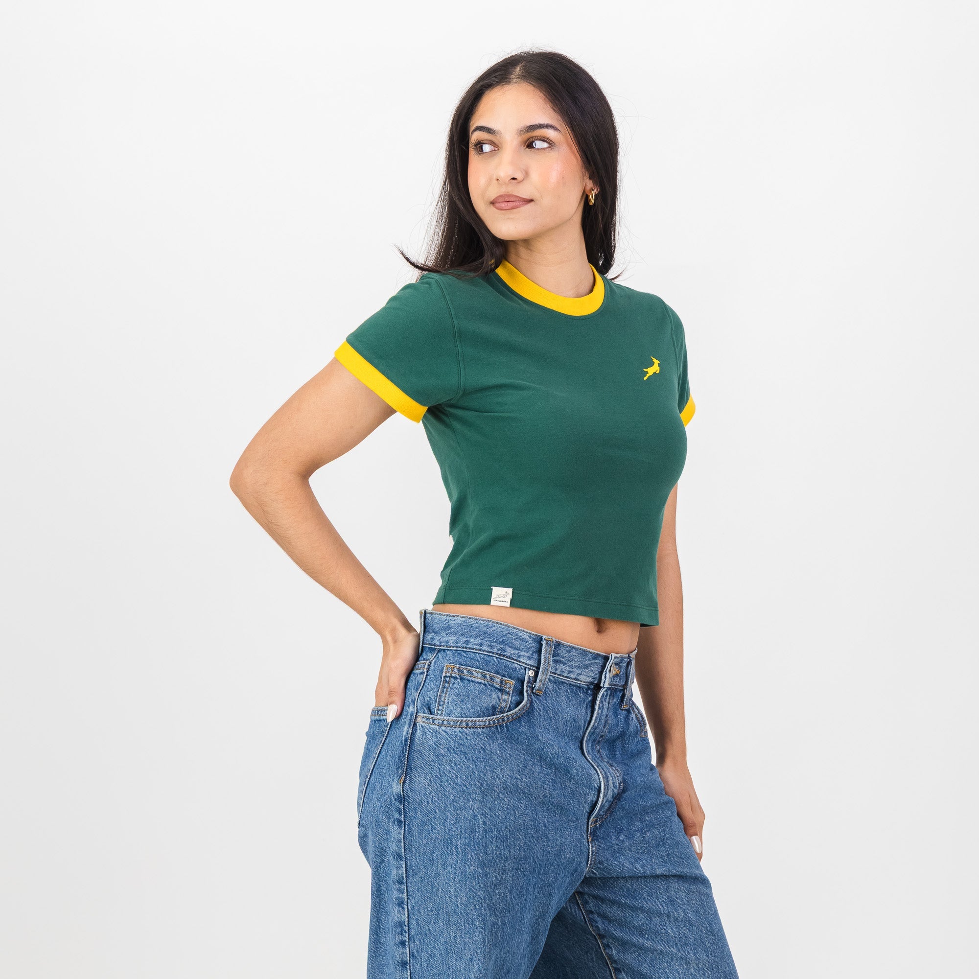 Springboks Ringer Crop Crew Tee - OS Green - Old School
