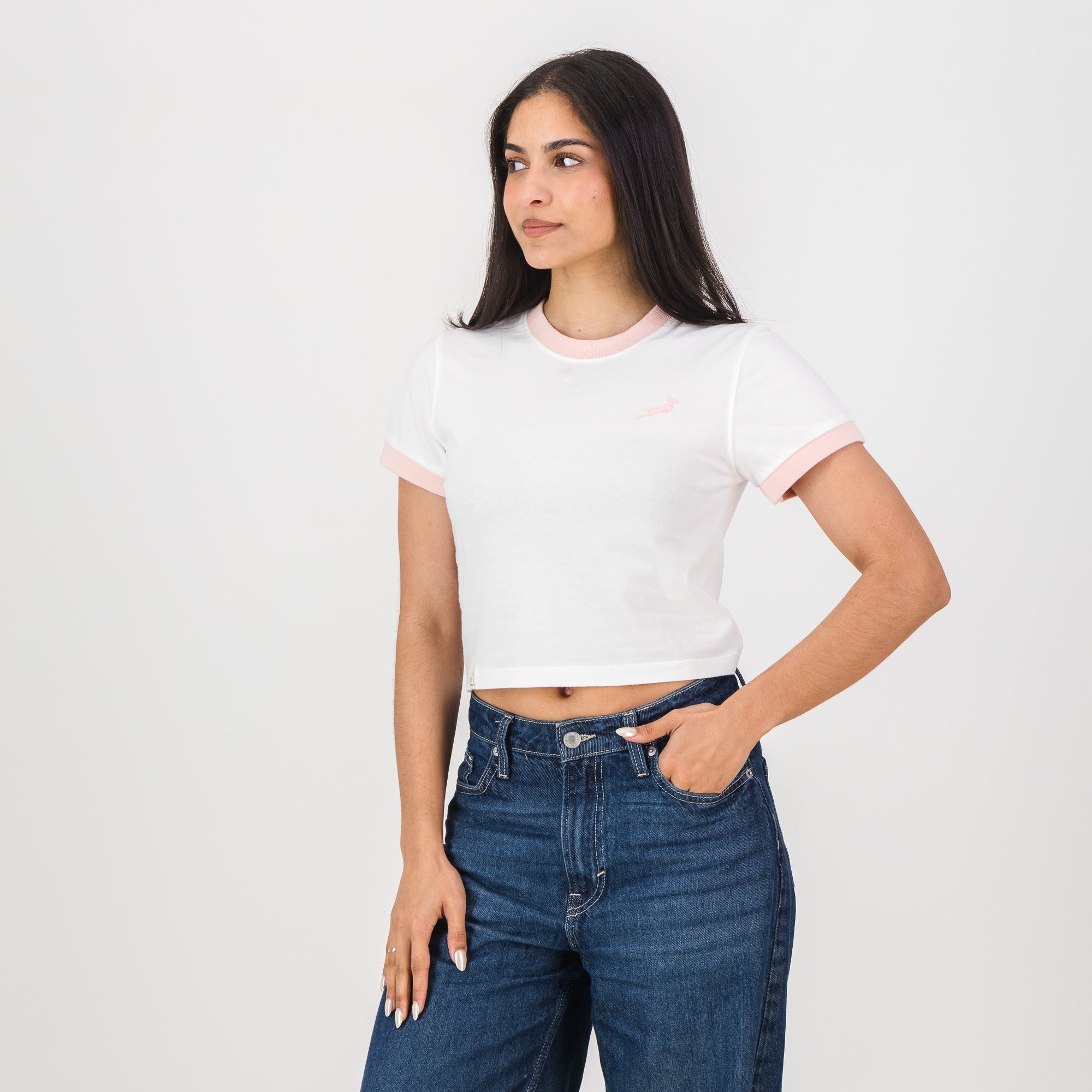 Springboks Ringer Crop Crew Tee - White - Old School