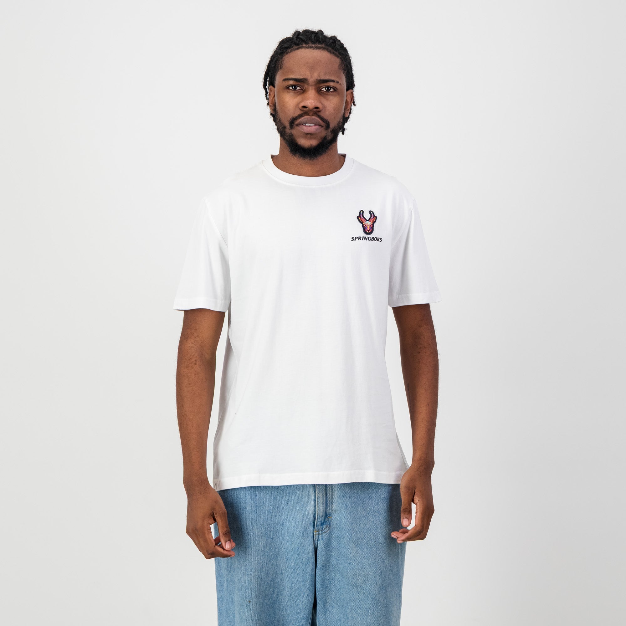 Springboks SML EMB Head Bok Regular Crew Tee - White - Old School